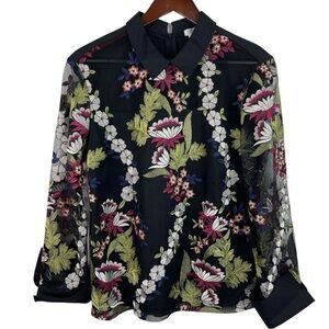 Nora Camicie | Black Floral Embroidered Long Sleeve Blouse